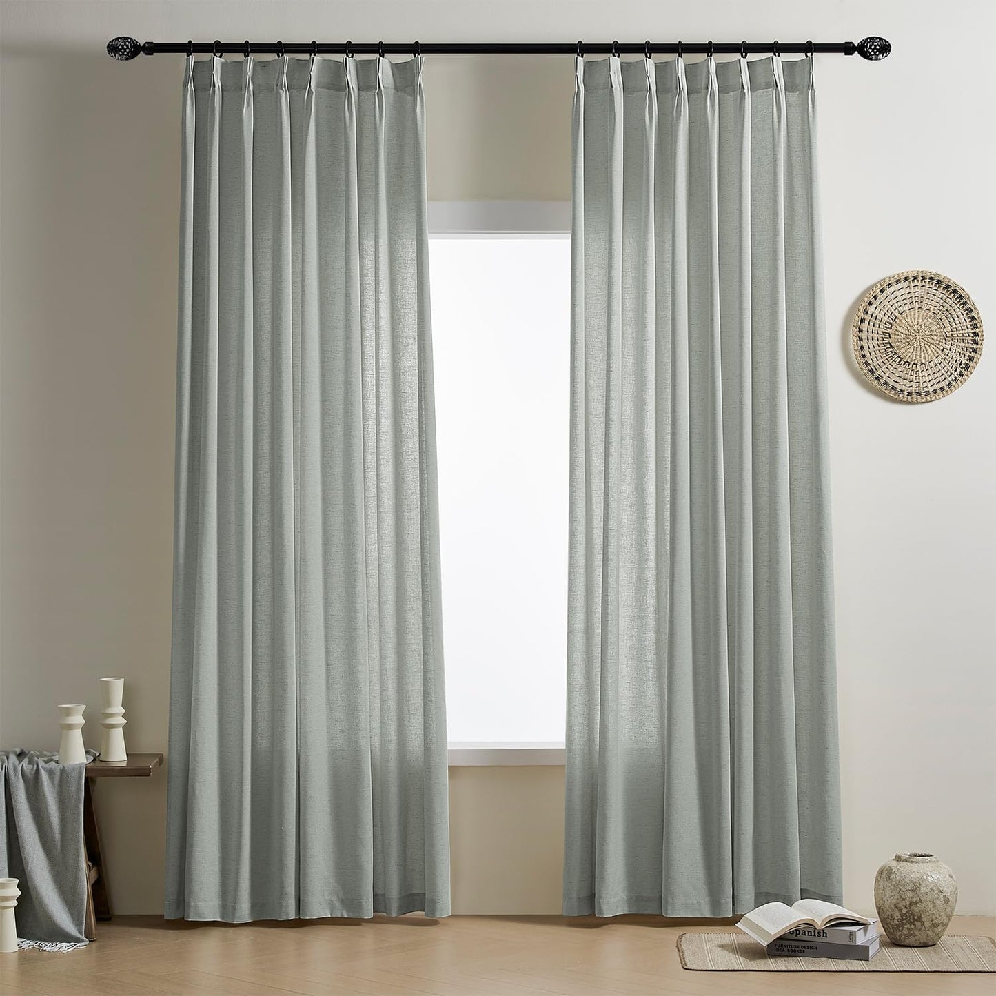 Rutterllow Pinch Pleated Flax Linen Curtains 80 Inch Length 2 Panels Set for Living Room Back Tab Semi Sheer Light Filtering Privacy Farmhouse Rustic Curtains for Bedroom  Rutterllow Flagstone 50"W X 108"L X2 