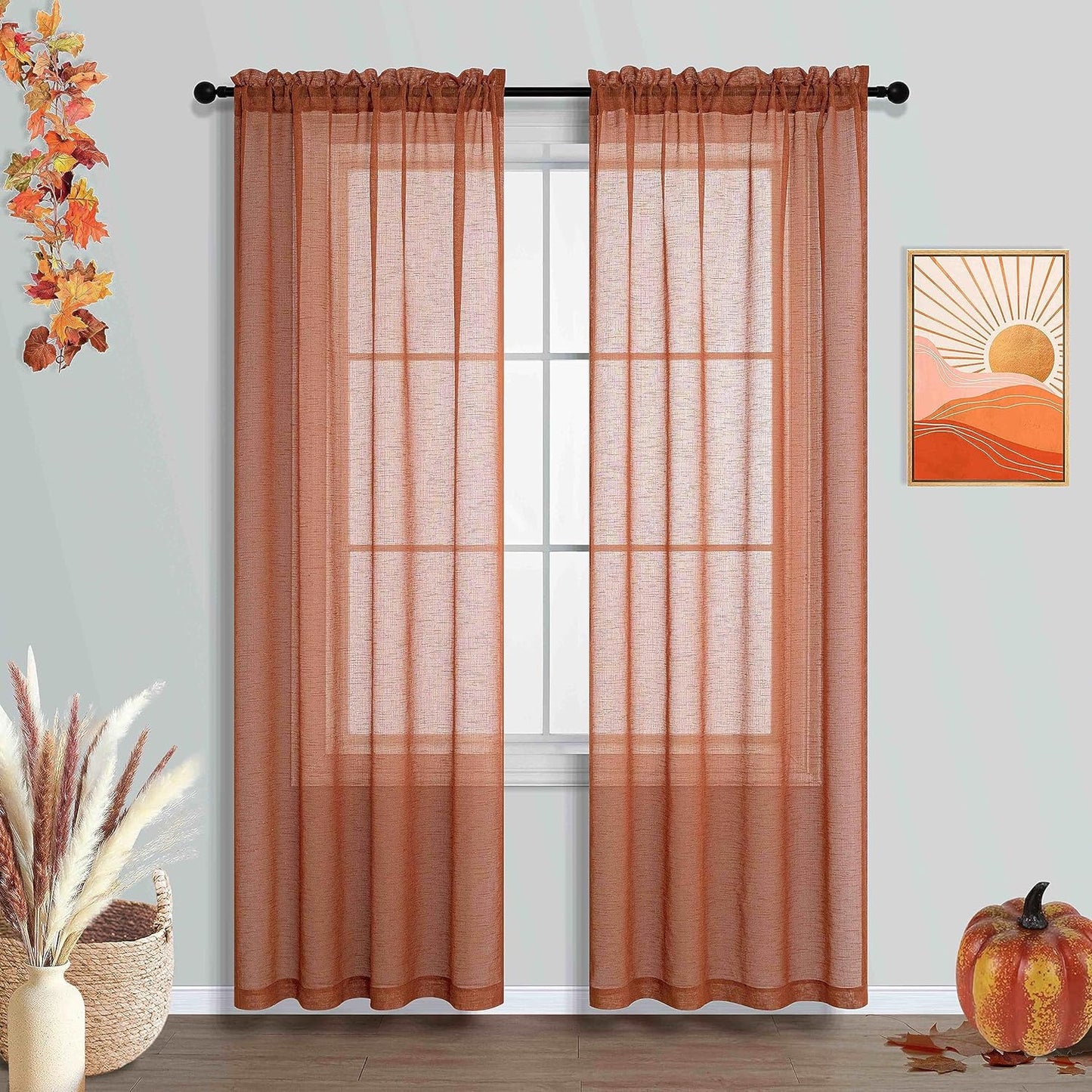 Burnt Orange Sheer Curtains 84 Inch Length for Bedroom 2 Panels Pumpkin Thanksgiving Day Rod Pocket Bohemian Semi Sheer Curtain Rustic Light Filtering Boho Curtains for Living Room 84 Inches Long  MRS.NATURALL TEXTILE Terracotta 42X84 