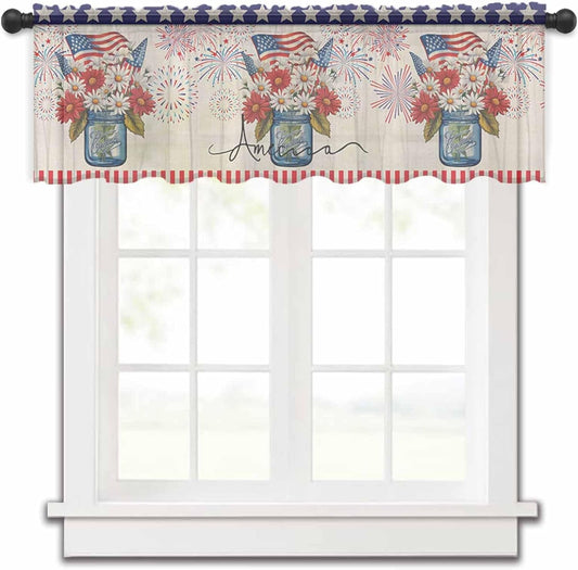 4Th of July Flower Valance Curtains for Kitchen/Living Room/Bathroom/Bedroom Window,Rod Pocket Small Topper Half Short Window Curtains Voile Sheer Scarf, Bottle Fireworks Independence Day 42"X18"