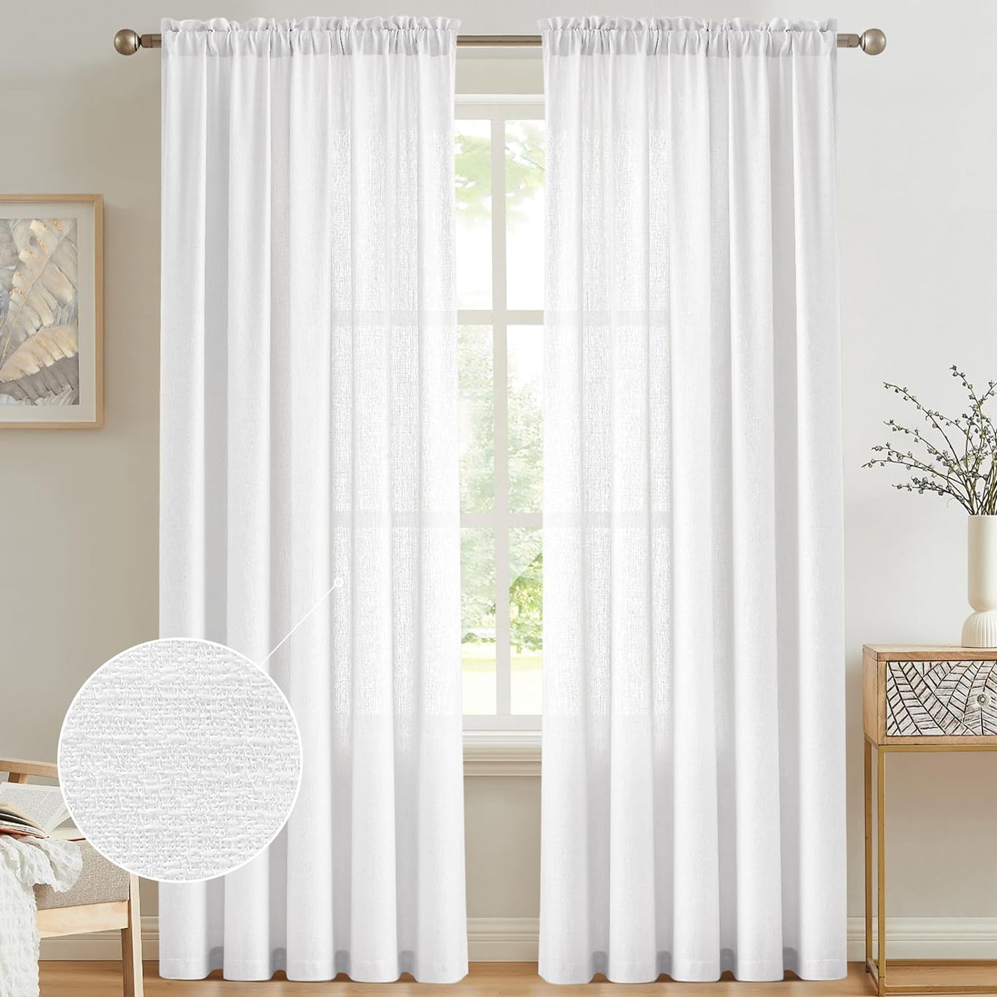 Anpark White Semi Sheer Curtains Linen Rod Pocket Curtains Tiebacks Included Semi Sheers, Privacy & Serenity for Bedroom, Soft Light for Relaxation - 52" W X 84" L, 2 Panels  Anpark White 52X96 Inch 