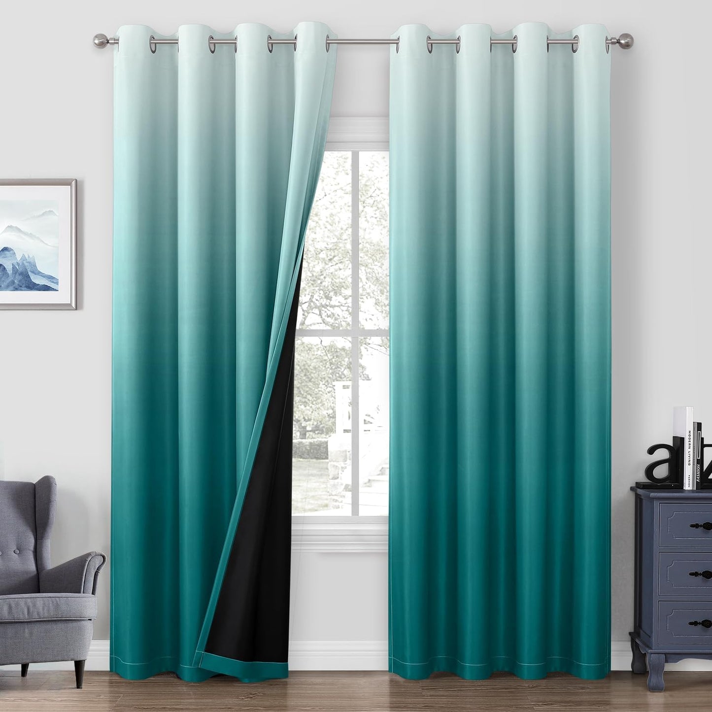 HOMEIDEAS 100% Black Ombre Blackout Curtains for Bedroom, Room Darkening Curtains 52 X 84 Inches Long Grommet Gradient Drapes, Light Blocking Thermal Insulated Curtains for Living Room, 2 Panels  HOMEIDEAS Teal 2 Panel-52" X 96" 