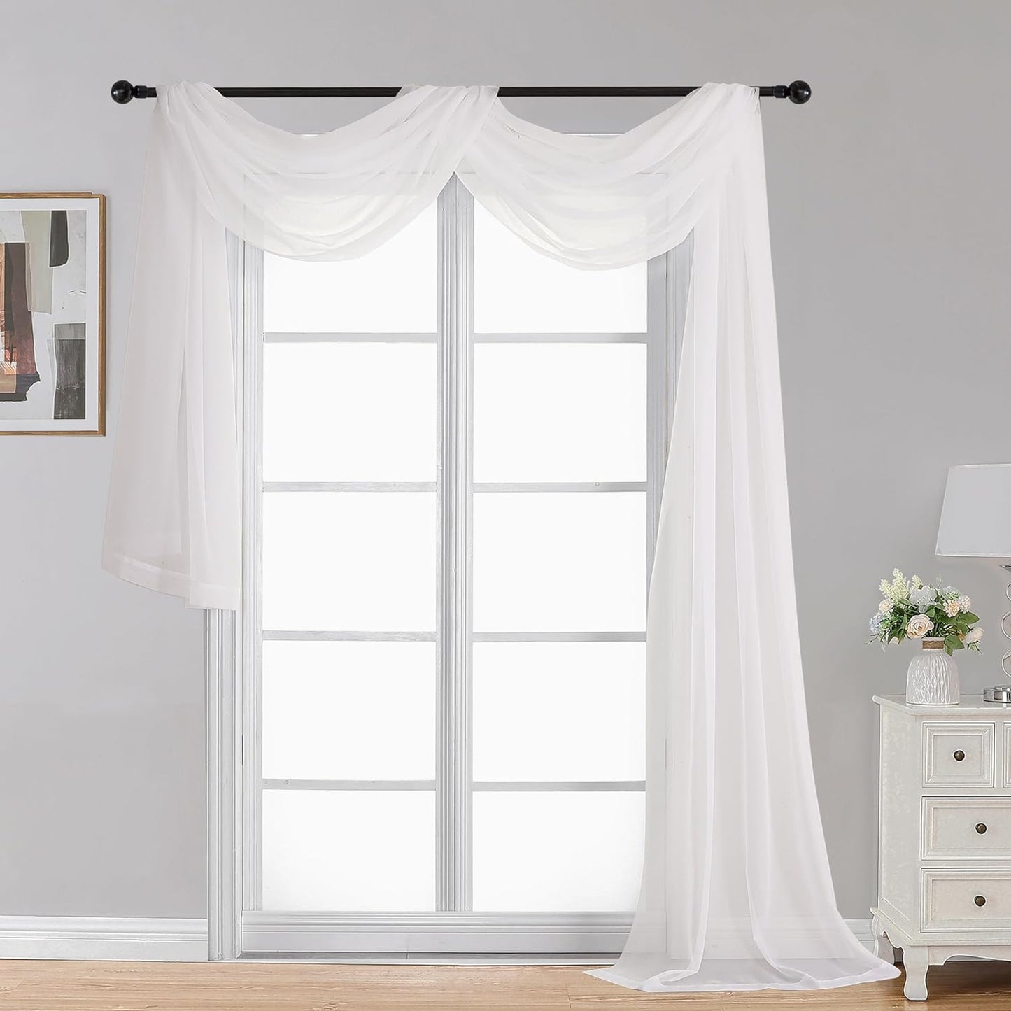 OWENIE White Sheer Valance for Window, Small Short Rod Pocket Voile Valance Curtain Window Treatment Decor for Living Room Bathroom Kitchen Cafe Laundry Basement, 60" W X 14" L  OWENIE Ivory 42W X 216L 