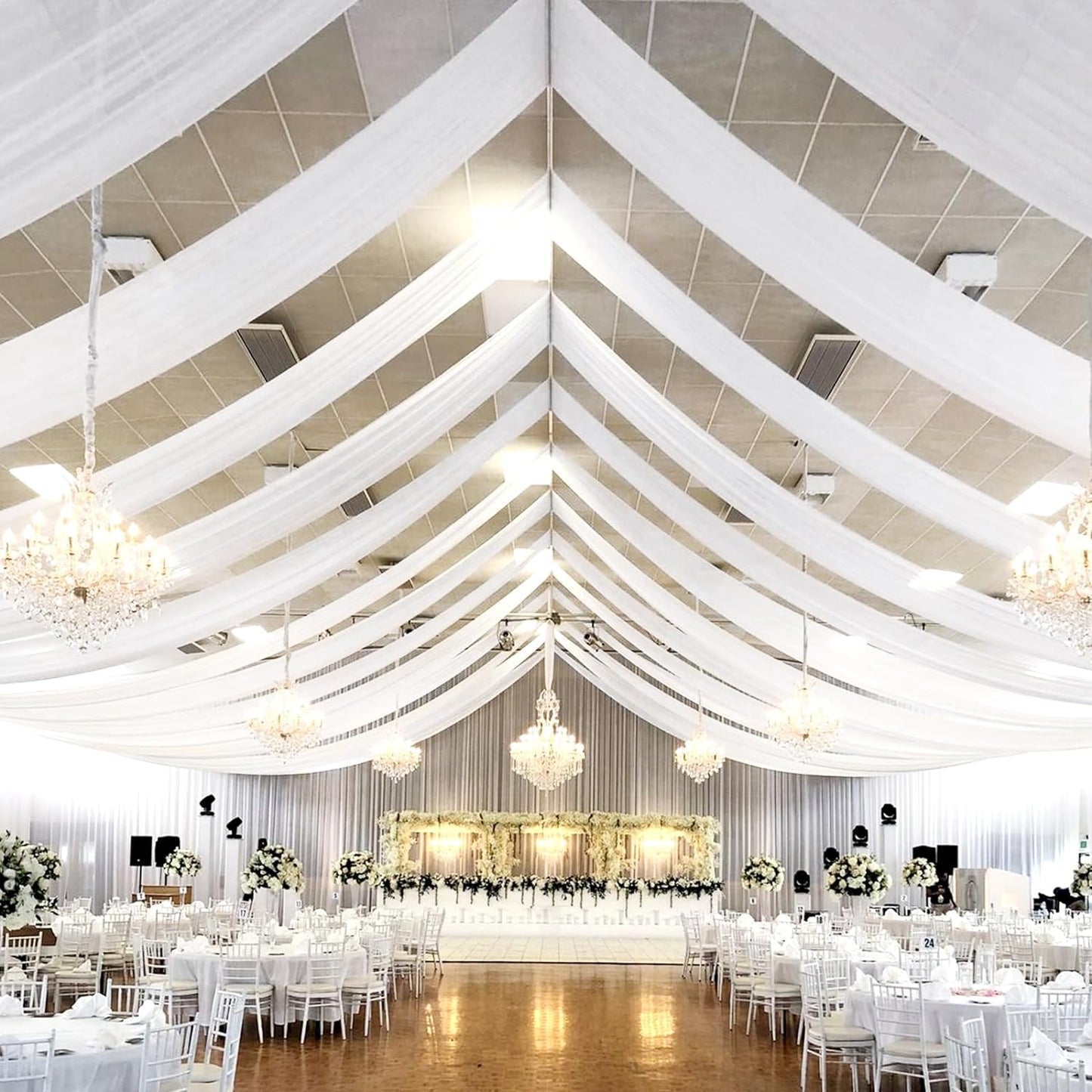 6 Panels White Ceiling Drapes for Wedding Ceiling Drapes 5Ftx20Ft Wedding Arch Draping Fabric Sheer Curtains Voile Chiffon Drapery Draping Wedding Ceiling Decorations for Party Ceremony Stage Swag  Showgeous White 4 Panel-5Ftx40Ft(60"Wx480"L) 