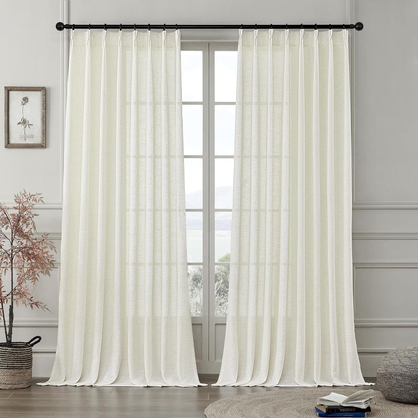 MASWOND White Pinch Pleated Curtains 90 Inches Long 2 Panels for Living Room Semi Sheer Linen Curtains Pinch Pleat Drapes for Traverse Rod Light Filtering Curtains for Dining Bedroom W38Xl90 Length  MASWOND Natural 50X108 