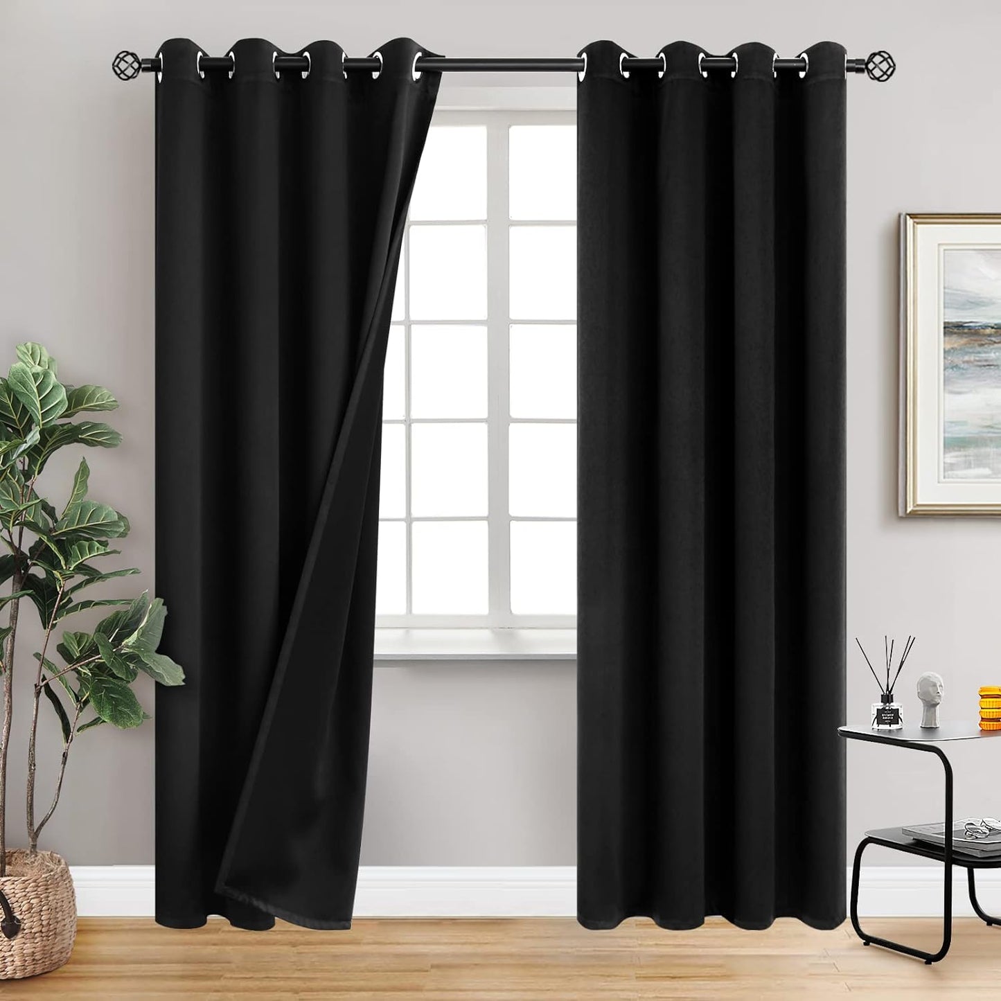 Youngstex Black 100% Blackout Curtains 63 Inches for Bedroom Thermal Insulated Total Room Darkening Curtains for Living Room Window with Black Back Grommet, 2 Panels, 42 X 63 Inch  YoungsTex Black 52W X 95L 