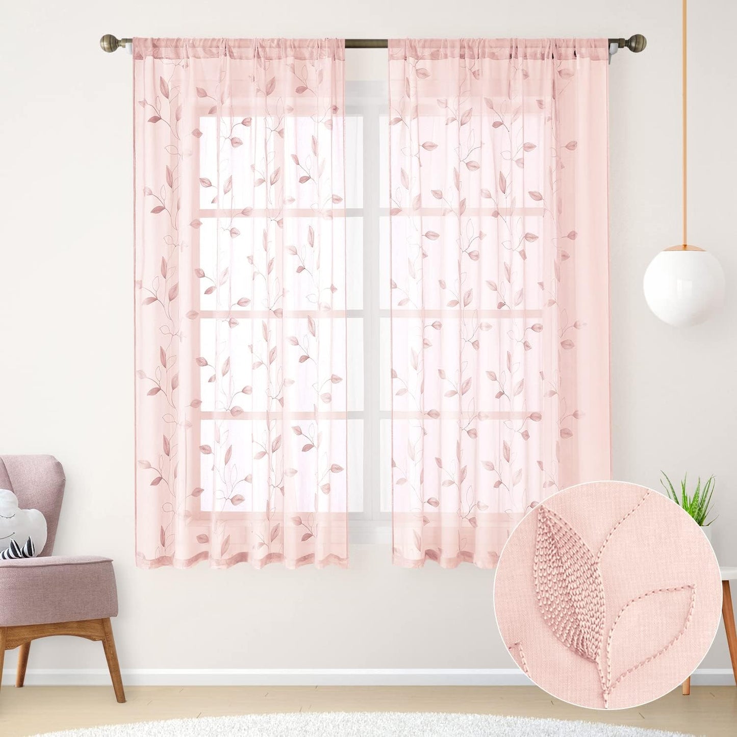 HOMEIDEAS Sage Green Sheer Curtains 52 X 63 Inches Length 2 Panels Embroidered Leaf Pattern Pocket Faux Linen Floral Semi Sheer Voile Window Curtains/Drapes for Bedroom Living Room  HOMEIDEAS 6-Blush Pink W52" X L63" 