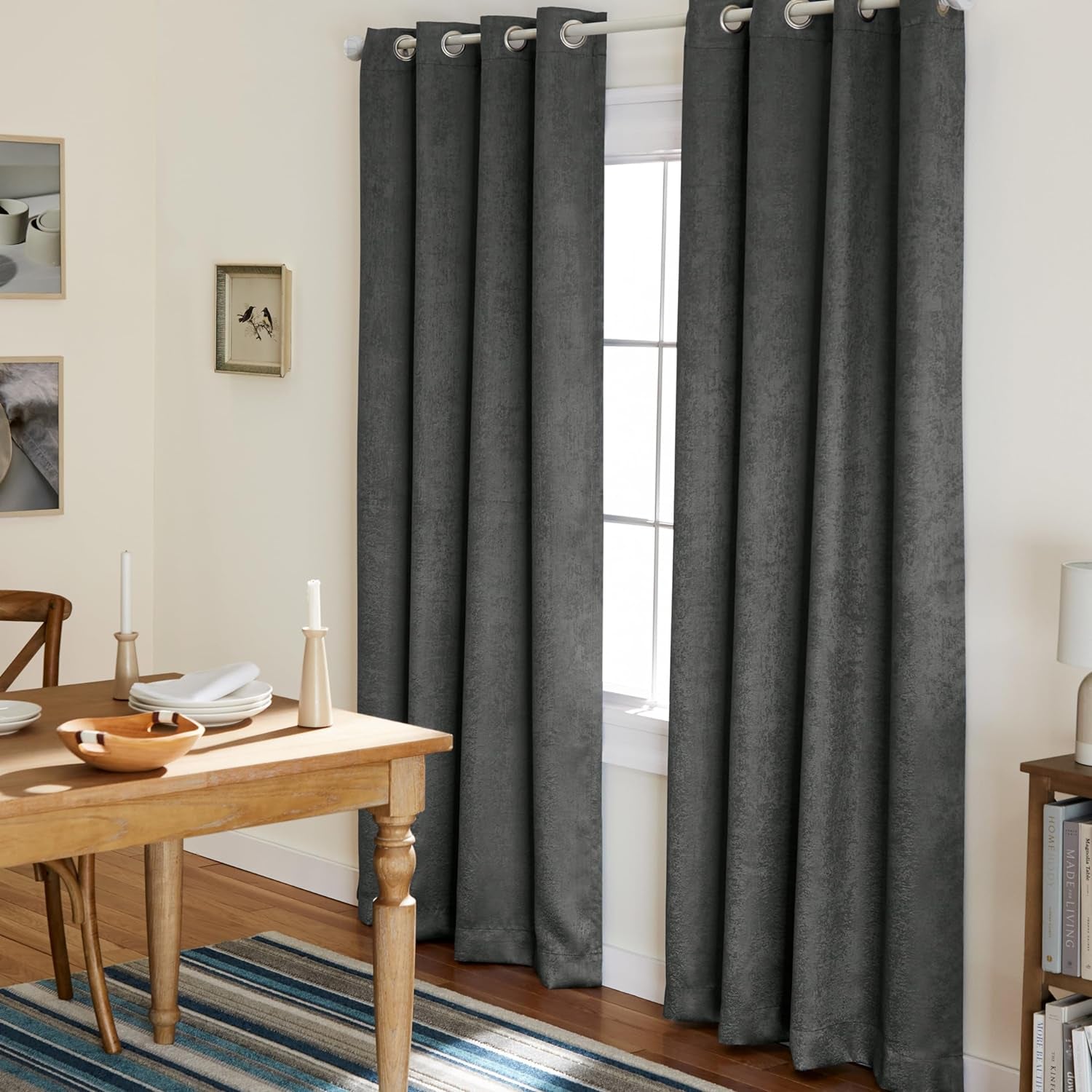 Exclusive Home Oxford Textured Sateen Room Darkening Blackout Grommet Top Curtain Panel Pair, 52"X108", Navy  Exclusive Home Curtains Charcoal 52X96 