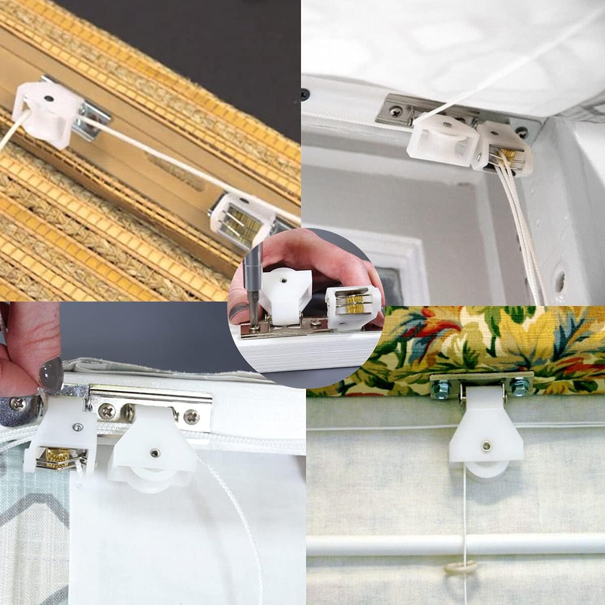 4Pcs Cord Lock Mechanism for 3 Line Swivel Type White Plastic and Stainless Steel Bracket for Roman Blinds Woven Wood Shades and Bamboo Blinds