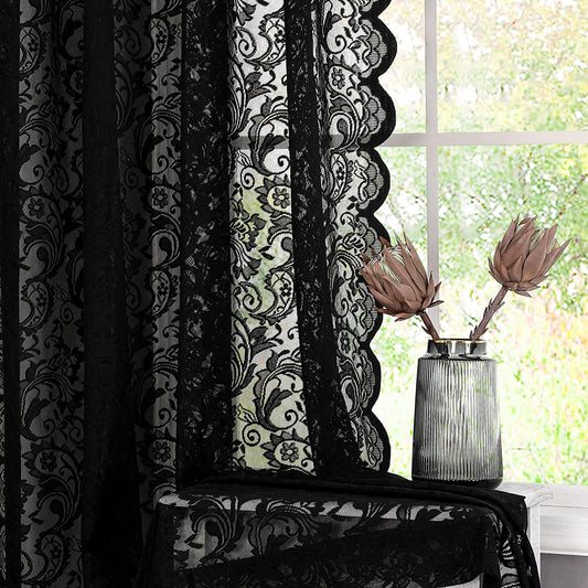 Black Sheer Lace Curtains 84 Inch Vintage Floral Sheer Gothic Curtain Panels for Living Room Bedroom Luxury Light Filtering Drapes Black Window Treatment Sets Rod Pocket 2 Panels 54" Wx84 L  Bujasso Grommet Black 54"X108"X2 