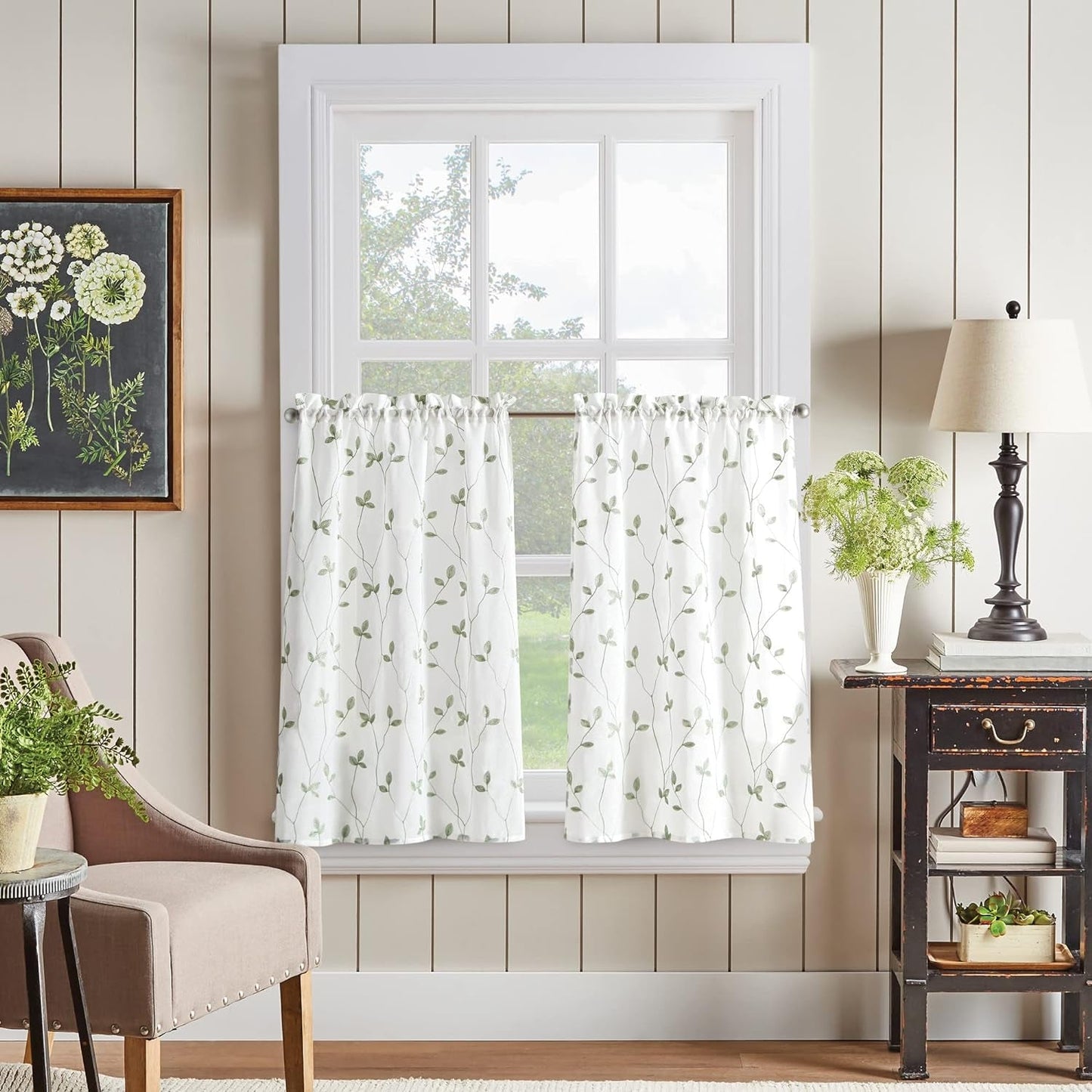 CHF Botanical Embroidery Valance and Tier Pair Curtain Collection (Sage, 14-Inch Valance)