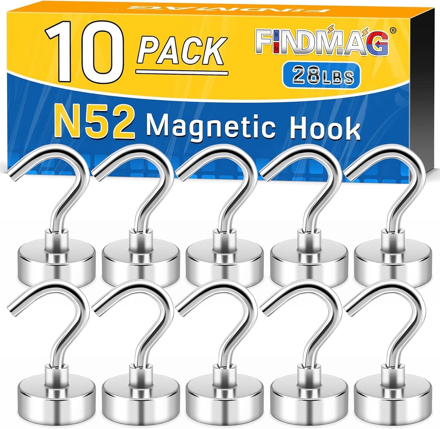 FINDMAG 26 Pack N52 Magnetic Hooks, 28 Lbs Neodymium Magnet Hooks Heavy Duty for Hanging, Super Strong Magnets with Hook for Classroom, Kitchen, School, Office, Garage