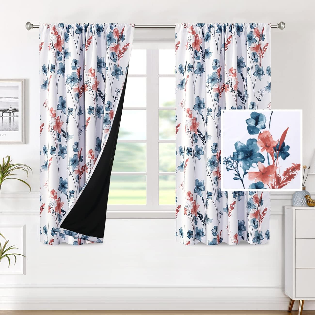 H.VERSAILTEX 100% Blackout Curtains for Bedroom Cattleya Floral Printed Drapes 84 Inches Long Leah Floral Pattern Full Light Blocking Drapes with Black Liner Rod Pocket 2 Panels, Navy/Taupe  H.VERSAILTEX Stone Blue/Coral 52"W X 63"L 