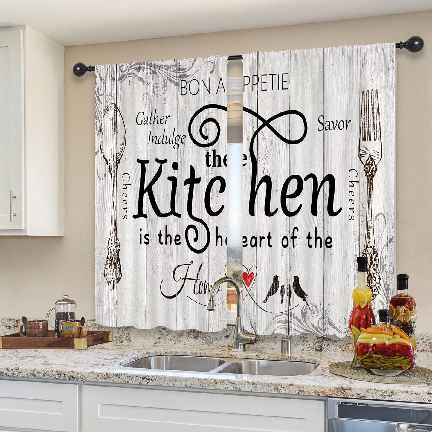 Riyidecor Kitchen Curtains Rustic Farmhouse 55X39 Inch Rod Pocket Country Short Small Barn Fork and Spoon Wooden Wood Plank Board Vintage Printed Cafe Window Curtains Drapes Treatment Fabric 2 Panels  Pan na   