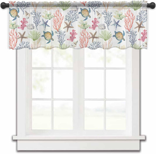 Coastal Coral Valance Curtains for Kitchen/Living Room/Bathroom/Bedroom Window,Rod Pocket Small Topper Half Short Window Curtains Voile Sheer Scarf, Summer Ocean Sea Hell Starfish Turtle 42"X12"