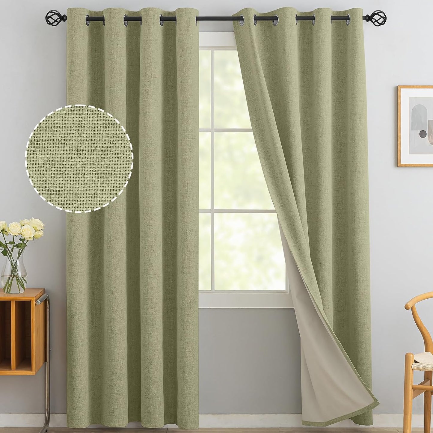 Yakamok Natural Linen Curtains 100% Blackout 84 Inches Long,Room Darkening Textured Curtains for Living Room Thermal Grommet Bedroom Curtains 2 Panels with Greyish White Liner  Yakamok Sage Green 52W X 90L / 2 Panels 