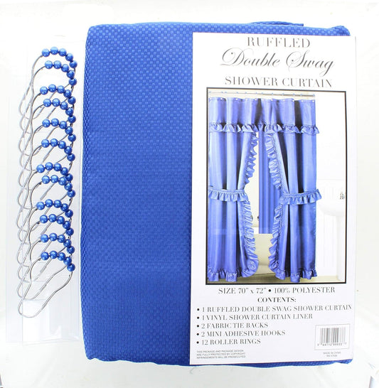 Better Home Double Swag Fabric Shower Curtain with Vinyl Liner and 12 Roller Shower Rings (Cobalt Blue)