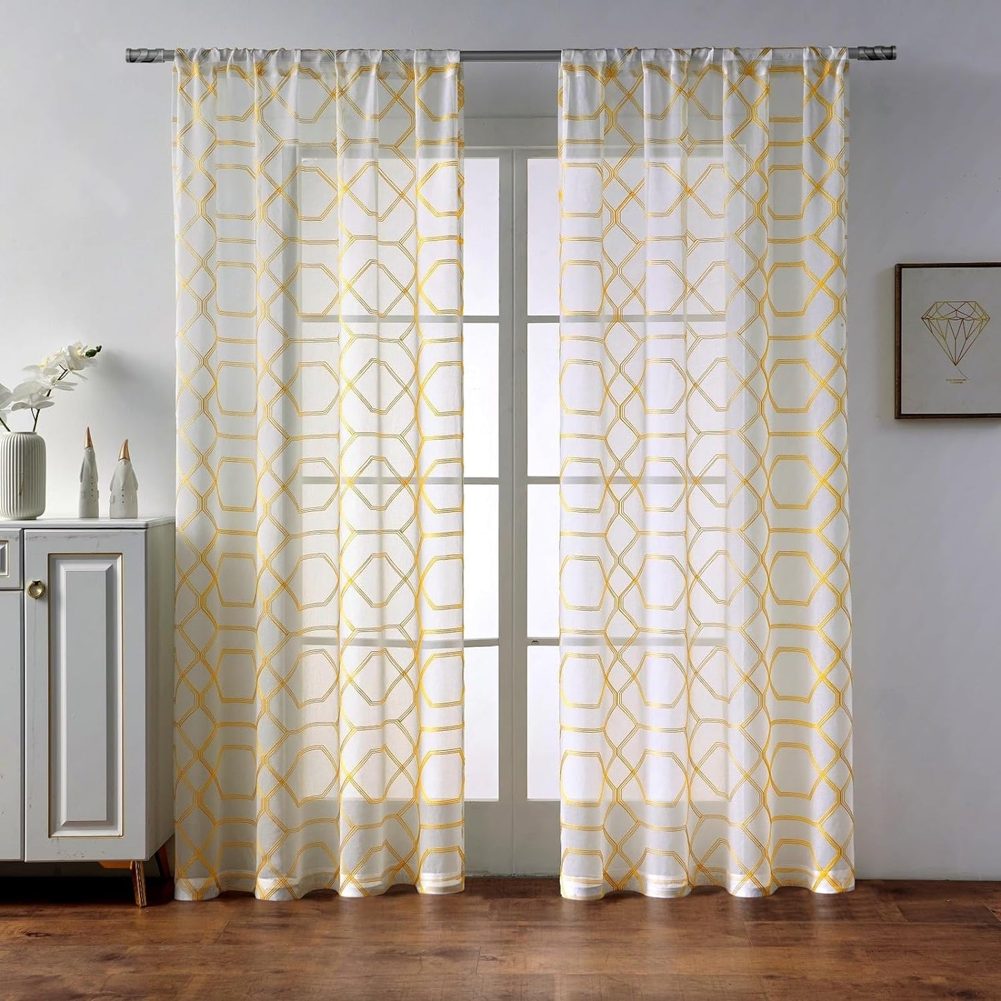 A-LINJD Gold Embroidered Geometric Sheer Curtains Design Half Pleated Rod Pocket White Sheer Curtains Panel for Patio, Living Room, Set of 2, 54Inch X 63 Inch  A-LINJD Yellow 54*84 