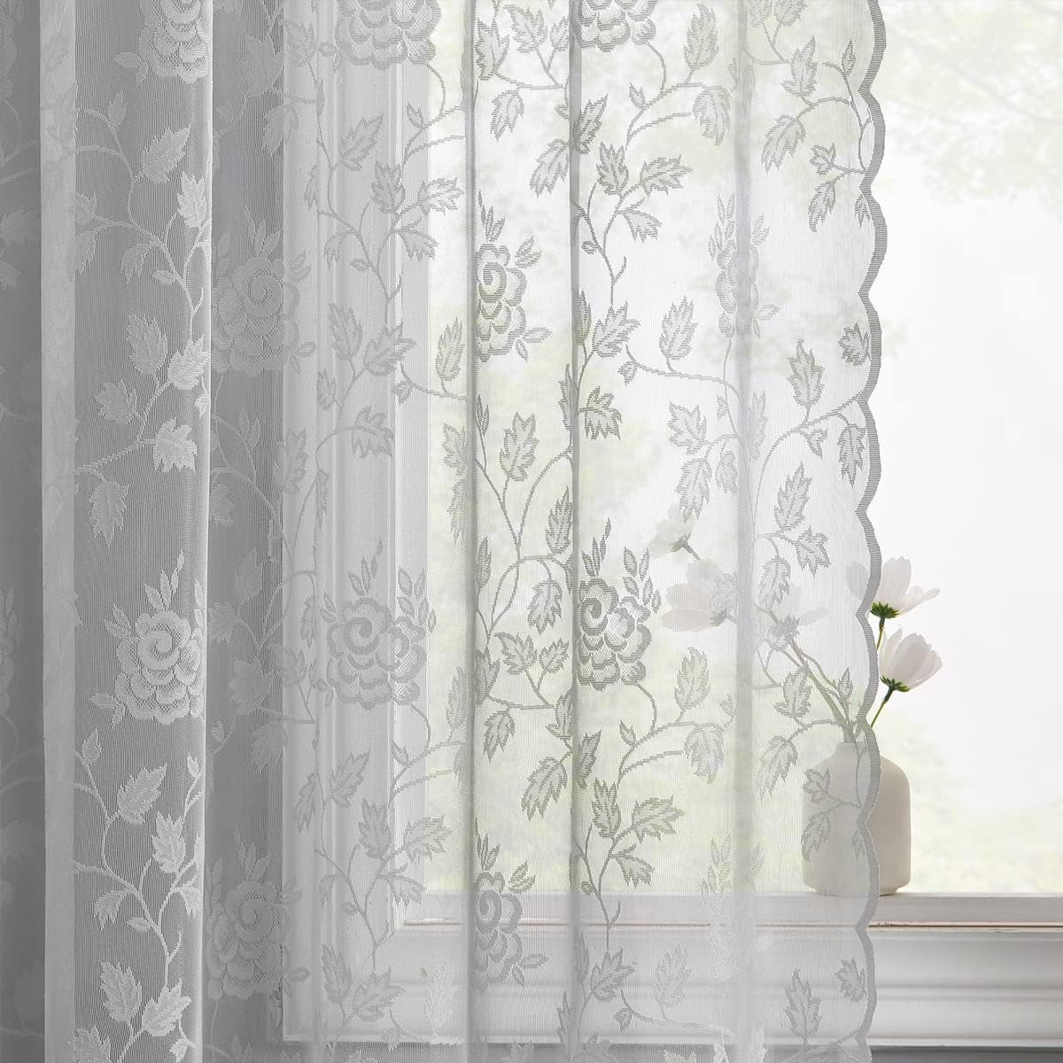 TERLYTEX White Lace Curtains 84 Inches Long, Country Vine Floral Embroidered Sheer Lace Curtains for Living Room, Privacy Scalloped Lace Sheer Curtains for Windows, 52 X 84 Inch, 2 Panels, White  TERLYTEX Grey W52 X L84 Inch|Pair 