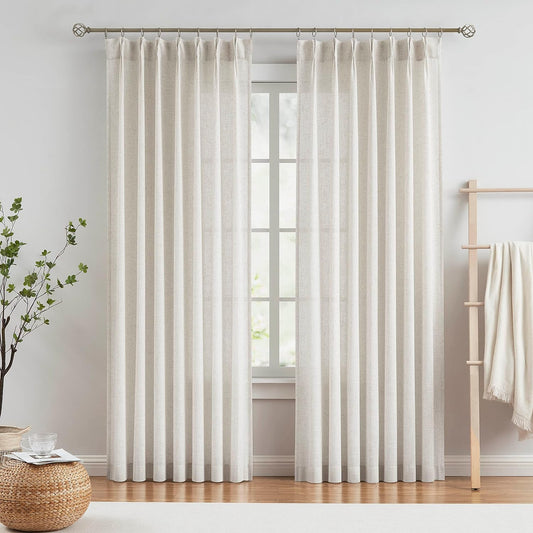 Vision Home Natural Pinch Pleated Semi Sheer Curtains Textured Linen Blended Light Filtering Window Curtains 84 Inch for Living Room Bedroom Pinch Pleat Drapes with Hooks 2 Panels 42" Wx84 L  Vision Home Natural/Pinch 42"X90"X2 