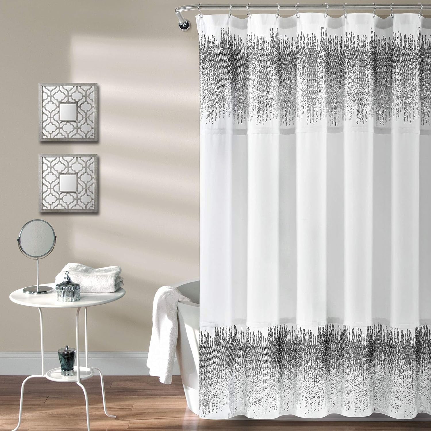 Lush Decor 1 Shimmer Sequins Shower Curtain | Chic Sparkle Design for Bathroom, 70” X 72”, Silver and White, 70" X 72"