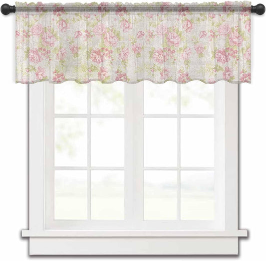 Pink Flower Valance Curtains for Kitchen/Living Room/Bathroom/Bedroom Window,Rod Pocket Small Topper Half Short Window Curtains Voile Sheer Scarf, Sage Green Pastoral Country European Leaves 60"X18"