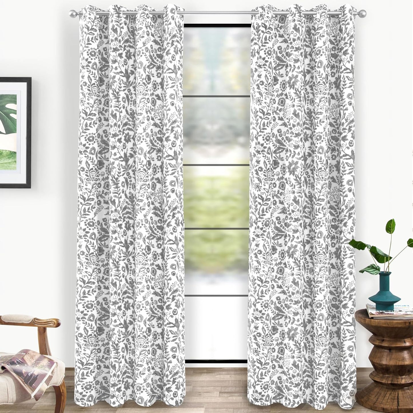 Driftaway Julia Watercolor Blackout Room Darkening Grommet Lined Thermal Insulated Energy Saving Window Curtains 2 Layers 2 Panels Each Size 52 Inch by 84 Inch Navy  DriftAway Grey 52'' X 108'' 