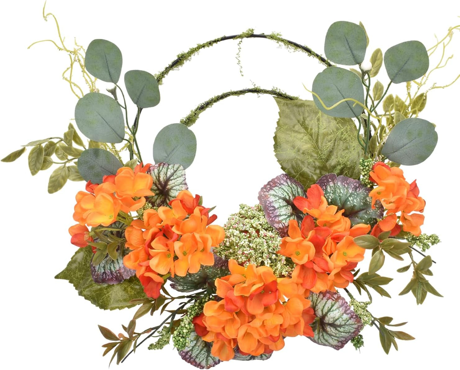 Eucalyptus Swag, Floral Hydrangea Flower Swags 28 Inch, Spring Greenery Swag, Decorative Door Swags with Begonia Leaves for Home Room Front Door Wedding Arch Garden Party Tabletop Wall Decor(Orange)