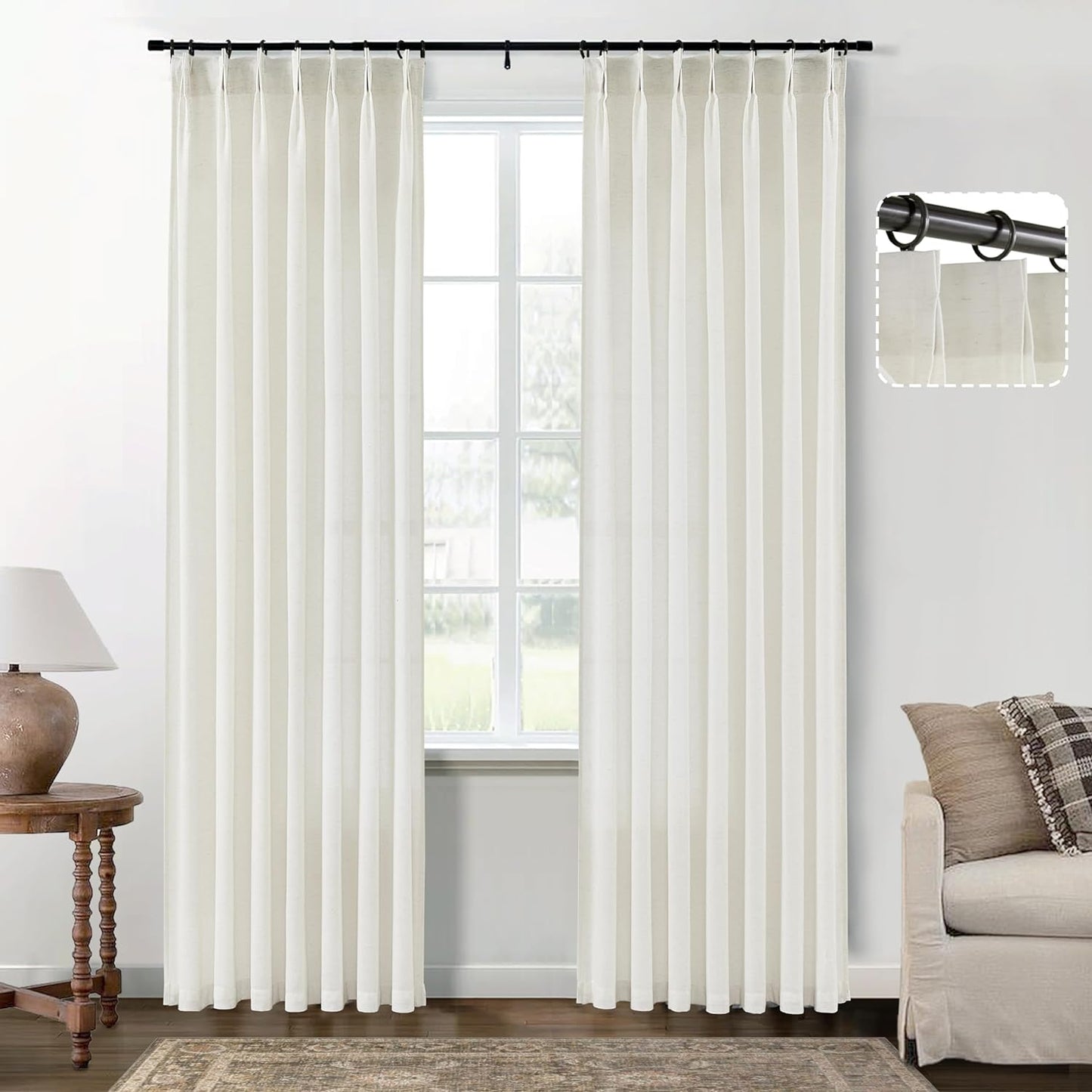 SHINELAND White Linen Curtains 84 Inches Long for Bedroom 2 Panels Set,Sheer Boho Pinch Pleated with Hooks Back Tab Window Sheers Draperies 84 Length for Dining Room Living Room Office at Home  SHINELAND Natural 2X(40"Wx120"L) 
