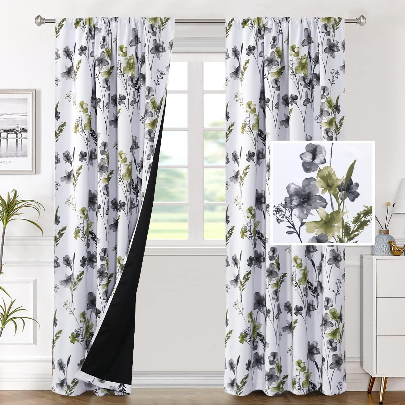 H.VERSAILTEX 100% Blackout Curtains for Bedroom Cattleya Floral Printed Drapes 84 Inches Long Leah Floral Pattern Full Light Blocking Drapes with Black Liner Rod Pocket 2 Panels, Navy/Taupe  H.VERSAILTEX Grey/Olive 52"W X 84"L 