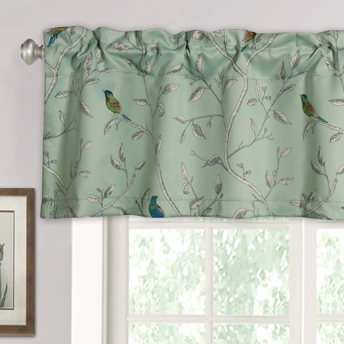 H.VERSAILTEX Blackout Curtain Valances for Kitchen Window/Living Room/Bathroom Privacy Added Rod Pocket Home Decoration Winow Valance, 52" W X 18" L, Floral in Sage and Brown  H.VERSAILTEX Birds In Sage 52"W X 18"L 