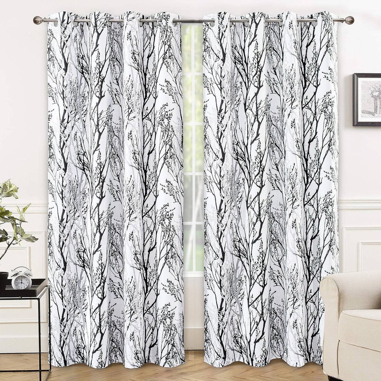 Driftaway Gray White Tree Branch Blackout Curtains for Bedroom Curtains 84 Inch Length 2 Panels Set Grey Branch Lined Window Treatment Thermal Grommet Top Curtain for Living Room Winter Warm Curtain  DriftAway Tree Branch-Black White 52"X84" 