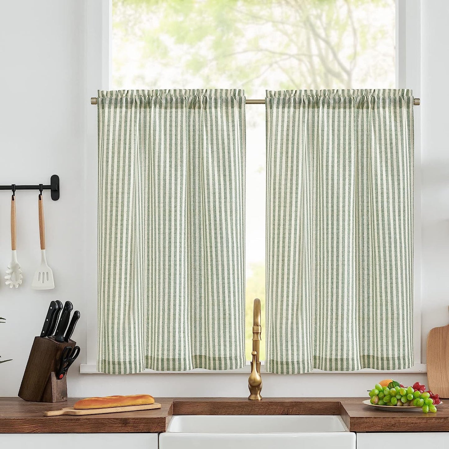 Jinchan Kitchen Curtains Striped Tier Curtains Ticking Stripe Linen Curtains Pinstripe Cafe Curtains 24 Inch Length for Living Room Bathroom Farmhouse Curtains Rod Pocket 2 Panels Black on Beige  CKNY HOME FASHION Rod Pocket Striped Sage Green Green W26 X L45 