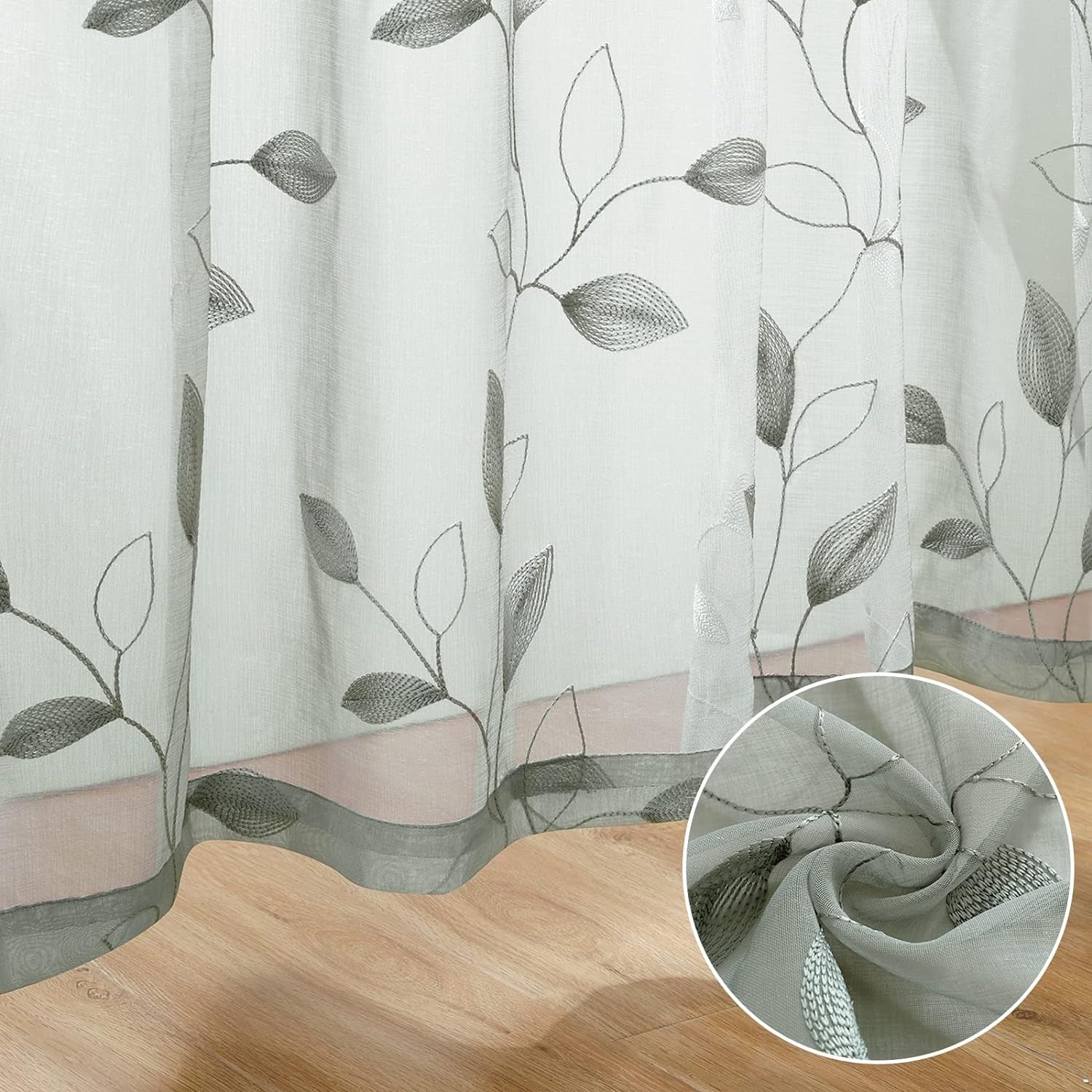HOMEIDEAS Sage Green Sheer Curtains 52 X 63 Inches Length 2 Panels Embroidered Leaf Pattern Pocket Faux Linen Floral Semi Sheer Voile Window Curtains/Drapes for Bedroom Living Room  HOMEIDEAS   