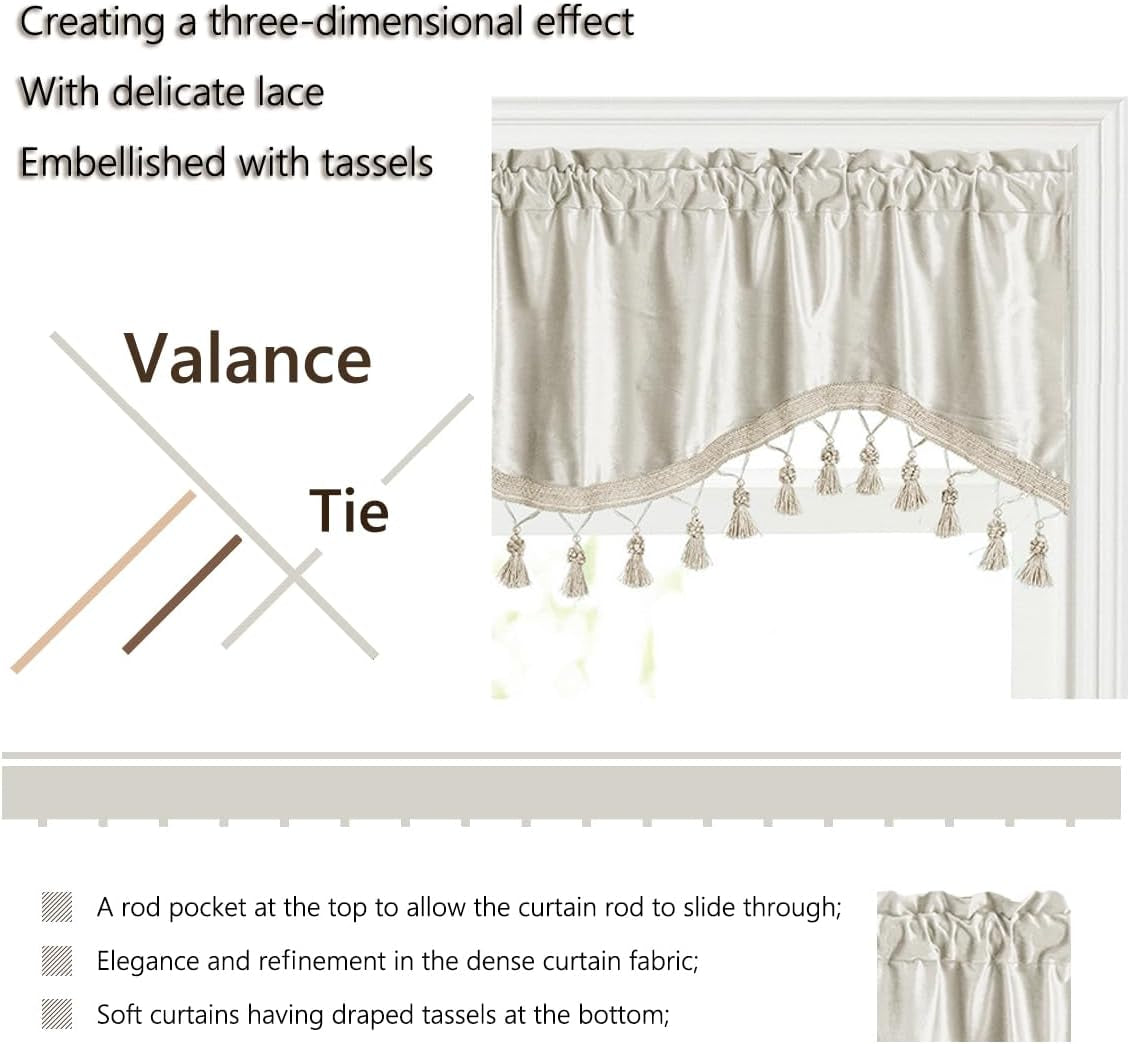 52" X 18" Scalloped Valance Curtains - Solid Colour Chenille Curtains Matching with Tassels for Living Room,Kitchen,Bedroom and Dormitory (Beige, 52W X 18L)