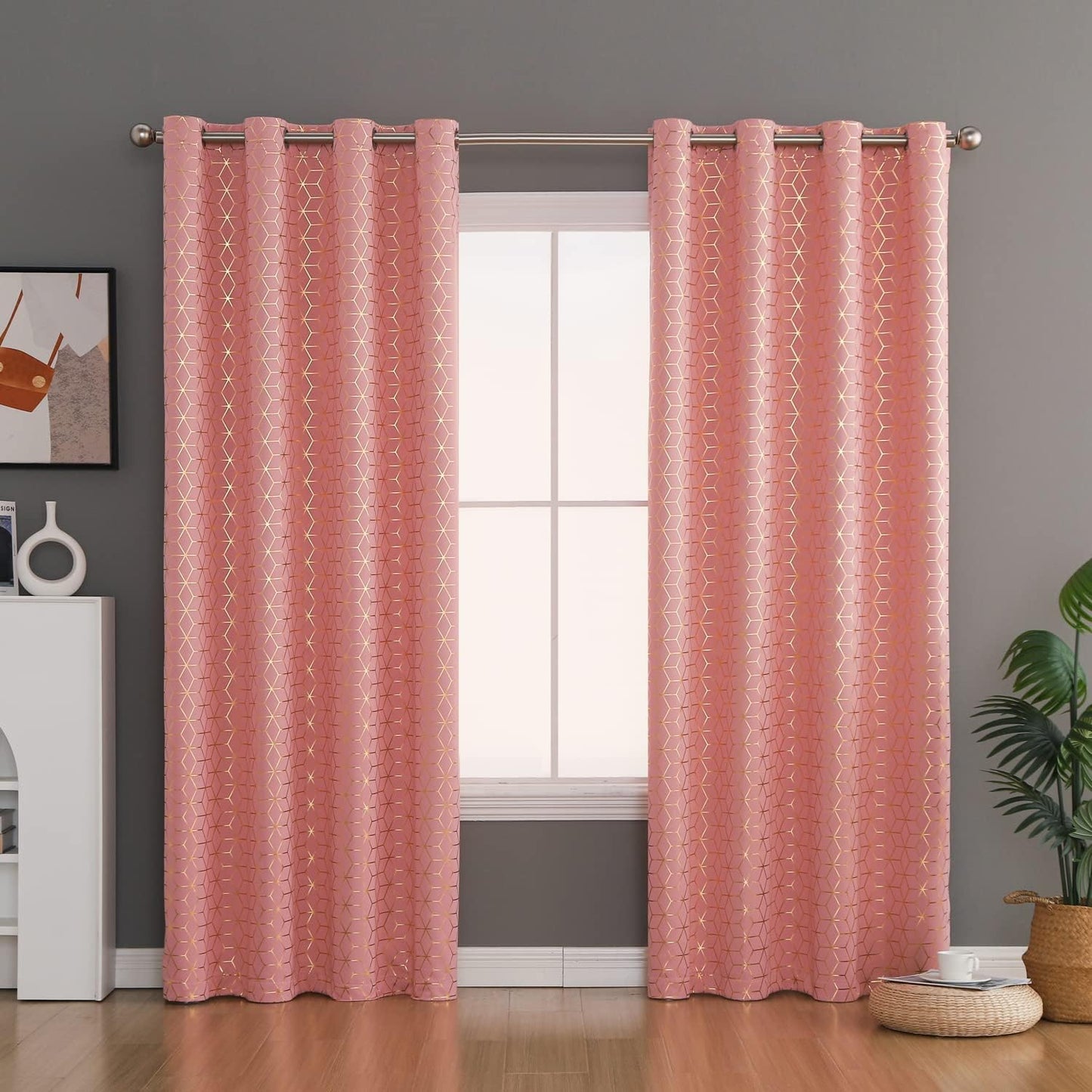 Dreaming Casa Solid Blackout Curtain for Bedroom 96 Inches Long Draperies Window Treatment Black Rod Pocket 2 Panels 52" W X 96" L  Dreaming Casa Pink-Gold Cube 2 X (72"W X 96"L) 