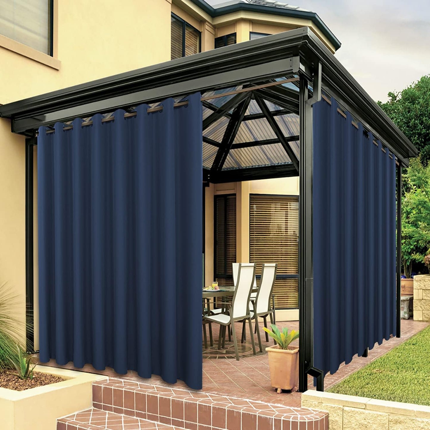 BONZER Outdoor Curtains for Patio Waterproof, Premium Thick Privacy Weatherproof Grommet outside Curtains for Porch, Gazebo, Deck, 1 Panel, 54W X 84L Inch, White  BONZER Navy 150W X 95L Inch 