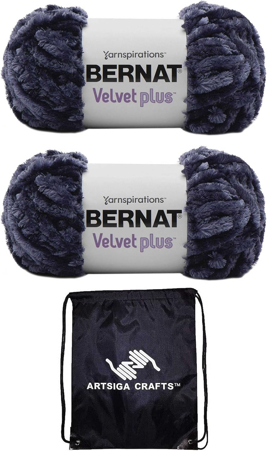 Bernat Velvet plus Indigo Velvet 161256-56008 (2-Skeins - Same Dye Lot) Weight S Bulky #6 Polyester Yarn for Crocheting and Knitting - Bundle with 1 Artsiga Crafts Project Bag