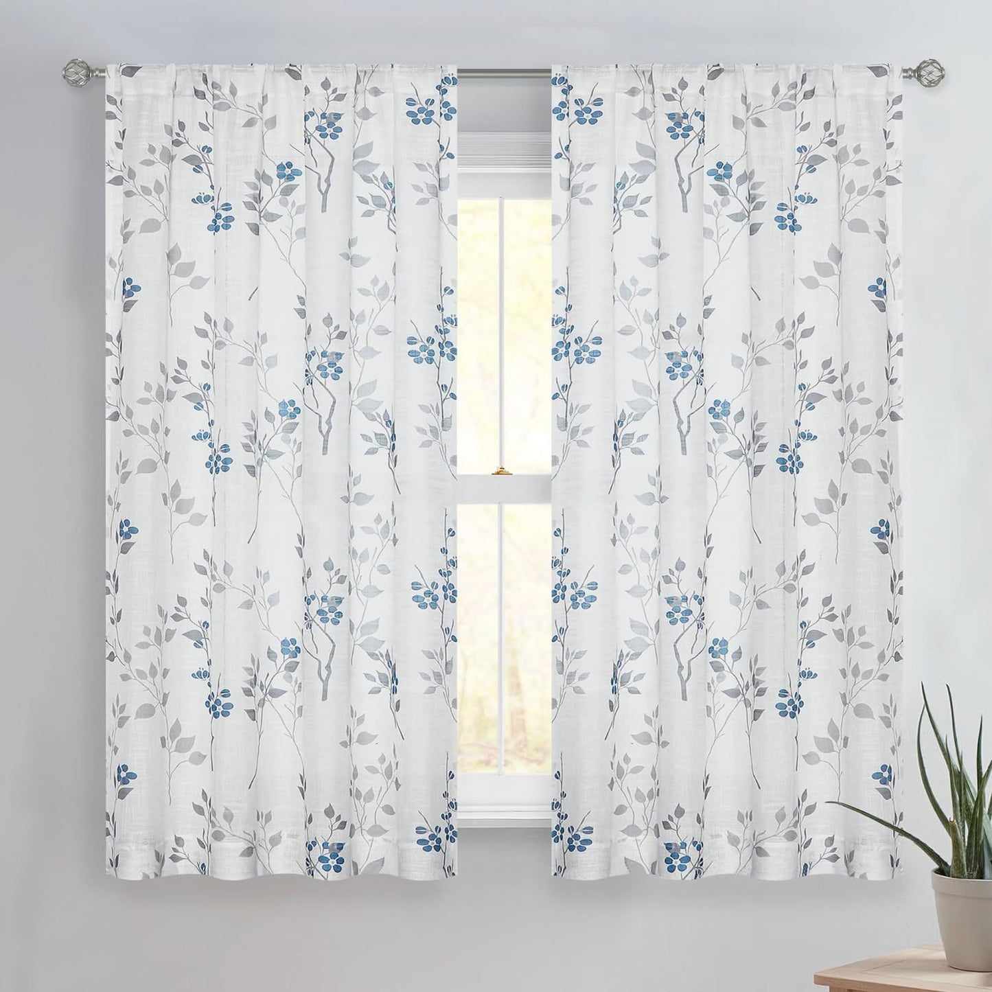Beauoop Floral Semi Sheer Curtains 84 Inch Long for Living Room Bedroom Farmhouse Botanical Leaf Printed Rustic Linen Texture Panel Drapes Rod Pocket Window Treatment,2 Panels,50 Wide,Yellow/Gray  Beauoop Blue/Gray 50"X54"X2 