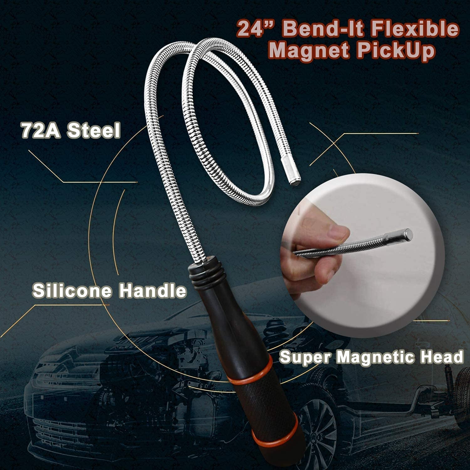 Magnetic Pickup Tool - 24” Bend-It Flexible Magnet Pick-Up Sweeper Bendable Retriever Stick for Hard-To-Reach Home Sink Drains, Car Keys, Usb'S, Bolts, Nuts, Screws
