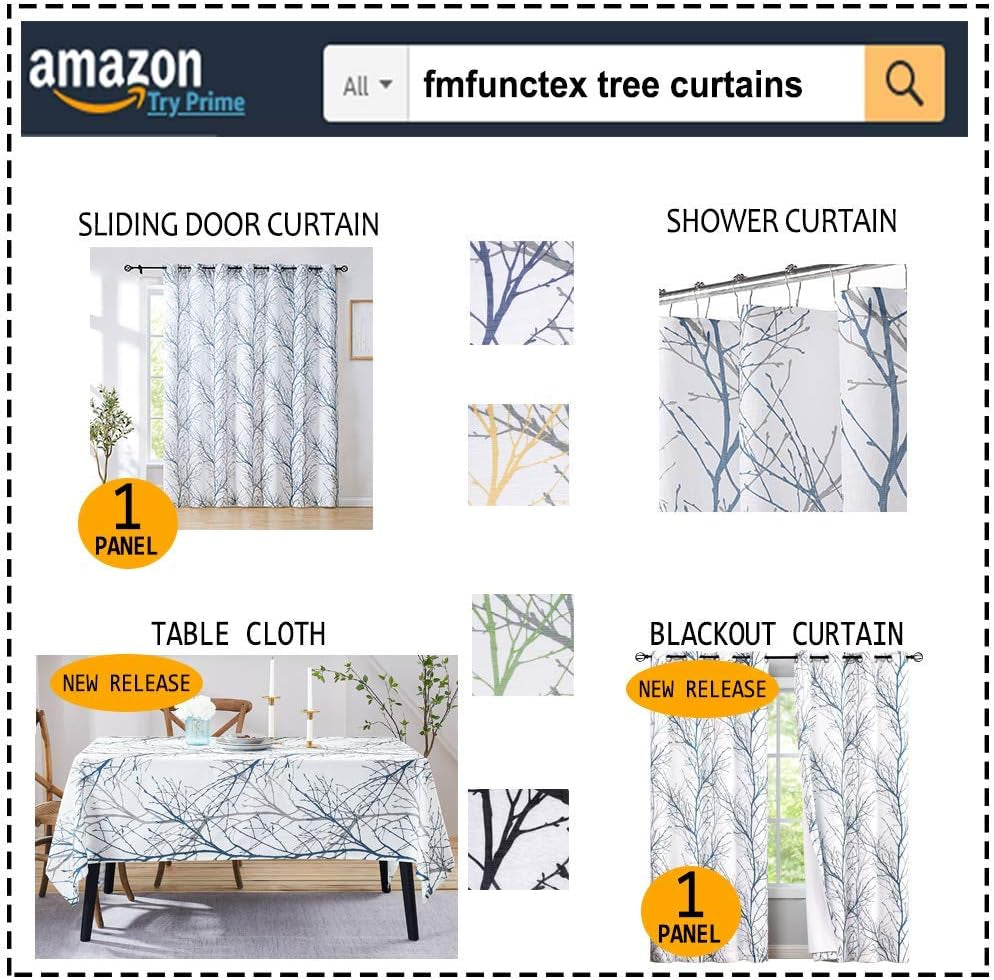 FMFUNCTEX Blue White Curtains for Kitchen Living Room 72“ Grey Tree Branches Print Curtain Set for Small Windows Linen Textured Semi-Sheer Drapes for Bedroom Grommet Top, 2 Panels  Fmfunctex   