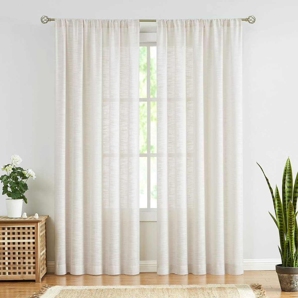 FMFUNCTEX Grey Semi-Sheer Curtains for Living Room Rich Linen Textured Rod Pocket Window Curtain Draperies for Guest Room Not See through 52”W X63”L Set of 2  Fmfunctex Natural (Linen Look) 52" X 108" 2Pcs 