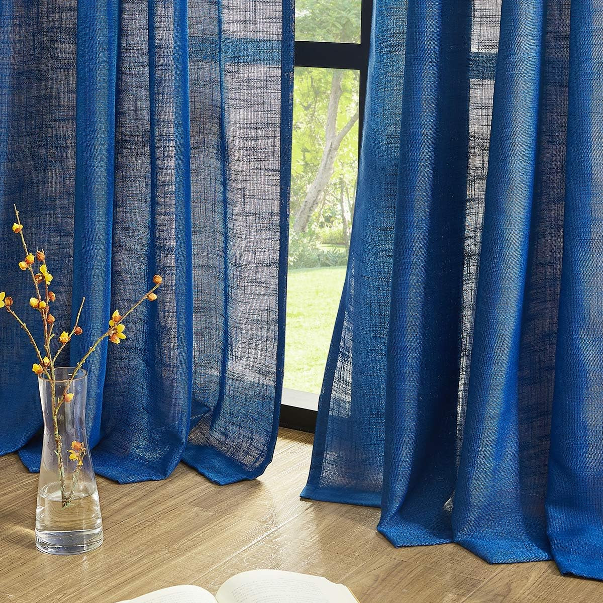 FMFUNCTEX Natural Semi-Sheer Curtains for Living Room Rich Linen Textured Look Window Curtain Draperies 52”W X63”L 2 Panels Grommet Top  Fmfunctex Blue 52" X 96" 2Pcs 