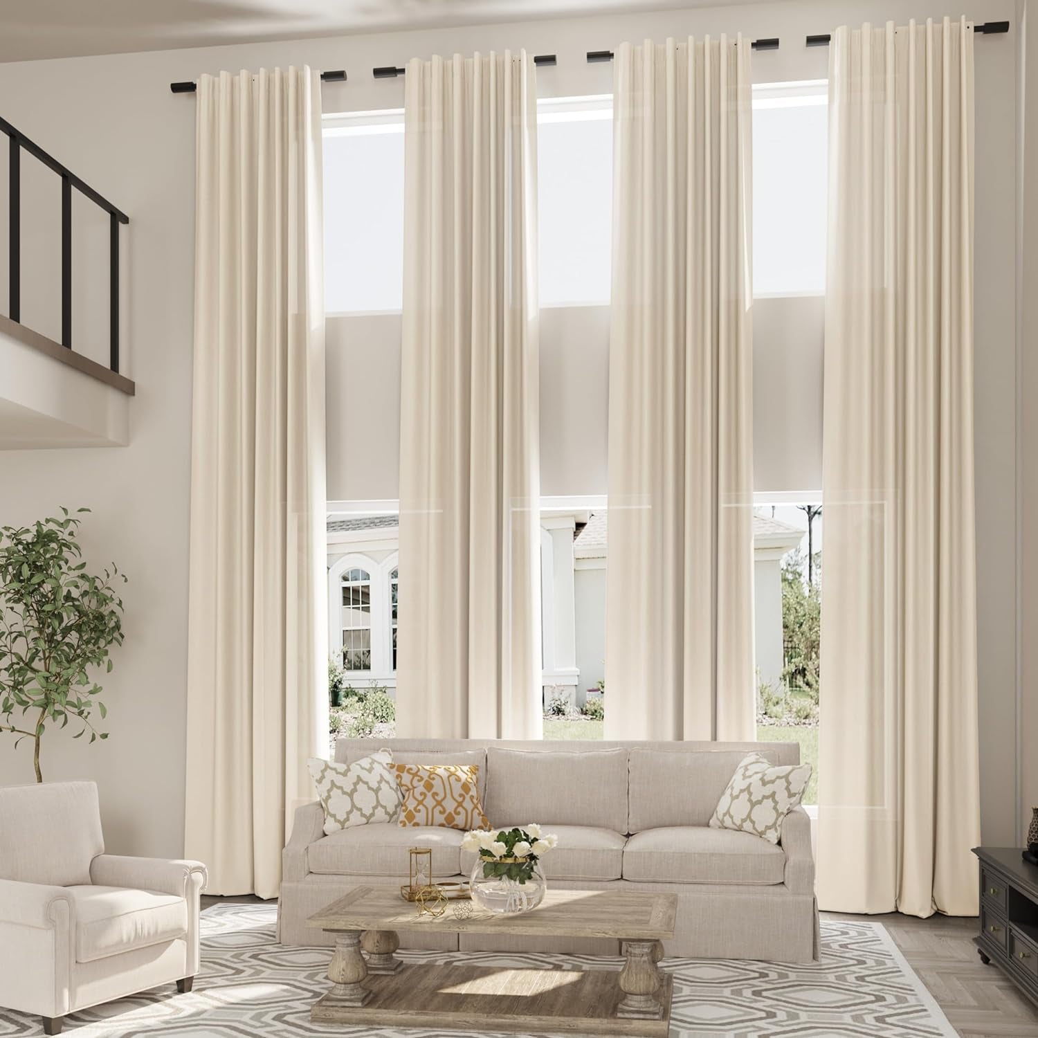 132 Inch Linen Curtains for High Ceiling Living Room Back Tab Hooks Pinch Pleat Custom Made Drape Semi Sheer Extra Long Curtain 132 Inches Long for 2 Story Windows Sliding Door Cream Ivory Birch  Aersas   