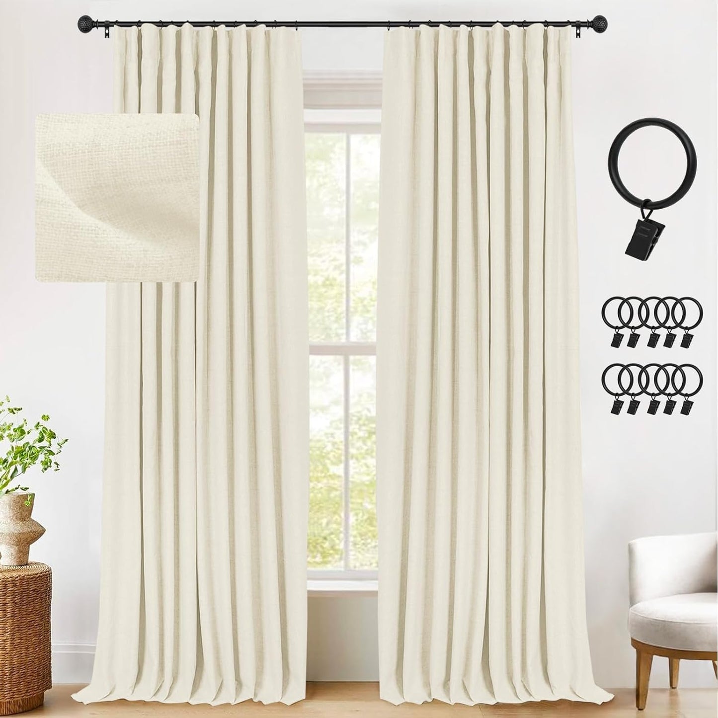 INOVADAY Linen Blackout Curtains 96 Inches Long, Thermal Insulated Black Out Curtains & Drapes for Living Room Bedroom (W50 X L96 1 Panels, Beige)  INOVADAY Cream Cheese 50"W X 96"L 