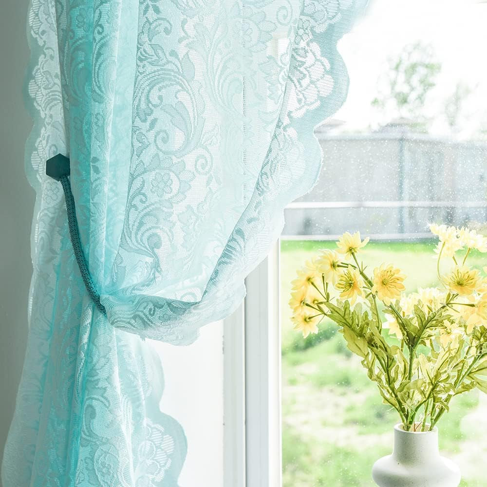ALIGOGO White Lace Curtains 84 Inches Long-Vintage Floral Luxury Lace Sheer Curtains for Living Room 2 Panels Rod Pocket 52 W X 84 L Inch,White  ALIGOGO Aqua 52" W X 63" L 