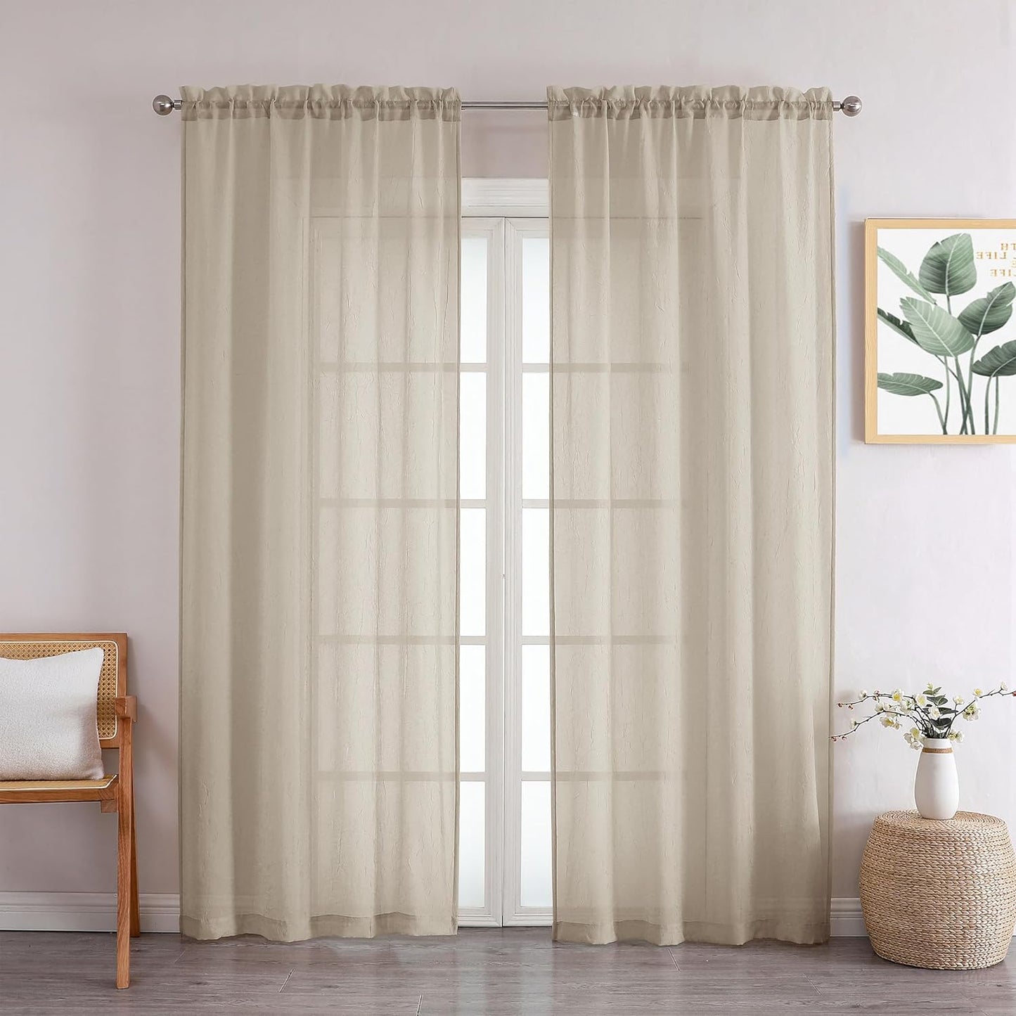 Chyhomenyc Crushed White Sheer Valances for Window 14 Inch Length 2 PCS, Crinkle Voile Short Kitchen Curtains with Dual Rod Pockets，Gauzy Bedroom Curtain Valance，Each 42Wx14L Inches  Chyhomenyc Taupe 42 W X 84 L 