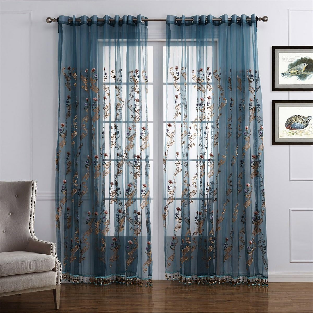 Dreaming Casa Ivory Curtains 96 Inches Long Sheer Curtains Pinch Pleated Curtains 52" W X 96" L  Dreaming Casa Blue Floral Embroidery 1 X (52"W X 84"L) 
