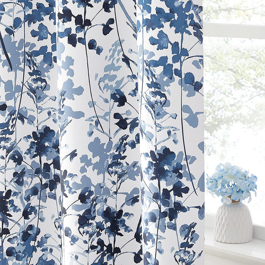 KGORGE Blackout Curtains & Drapes Boho Home/Office Artistic Decor with Vivid Watercolor Floral Painting Thermal Insulated Energy Efficient Shades for Bedroom Living Room (Blue, W 52" X L 84", 1 Pair)  KGORGE Blue W 52 X L 45 
