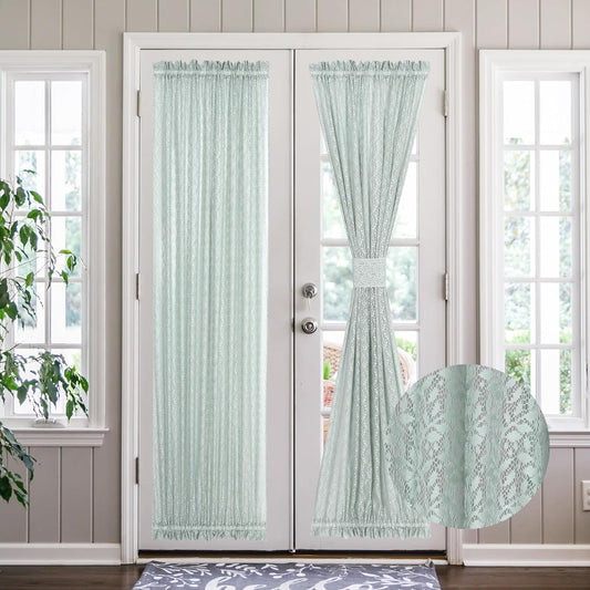 Rloncomix Green Lace French Door Curtain Leaf Branch Knitted Textured Glass Door Curtains Floral Semi Sheer Door Panel for Kitchen Patio Front Door Tieback Included, Single Panel, 52 X 72 Inch  RLoncomix Green 52" X 72" 1 Pc 