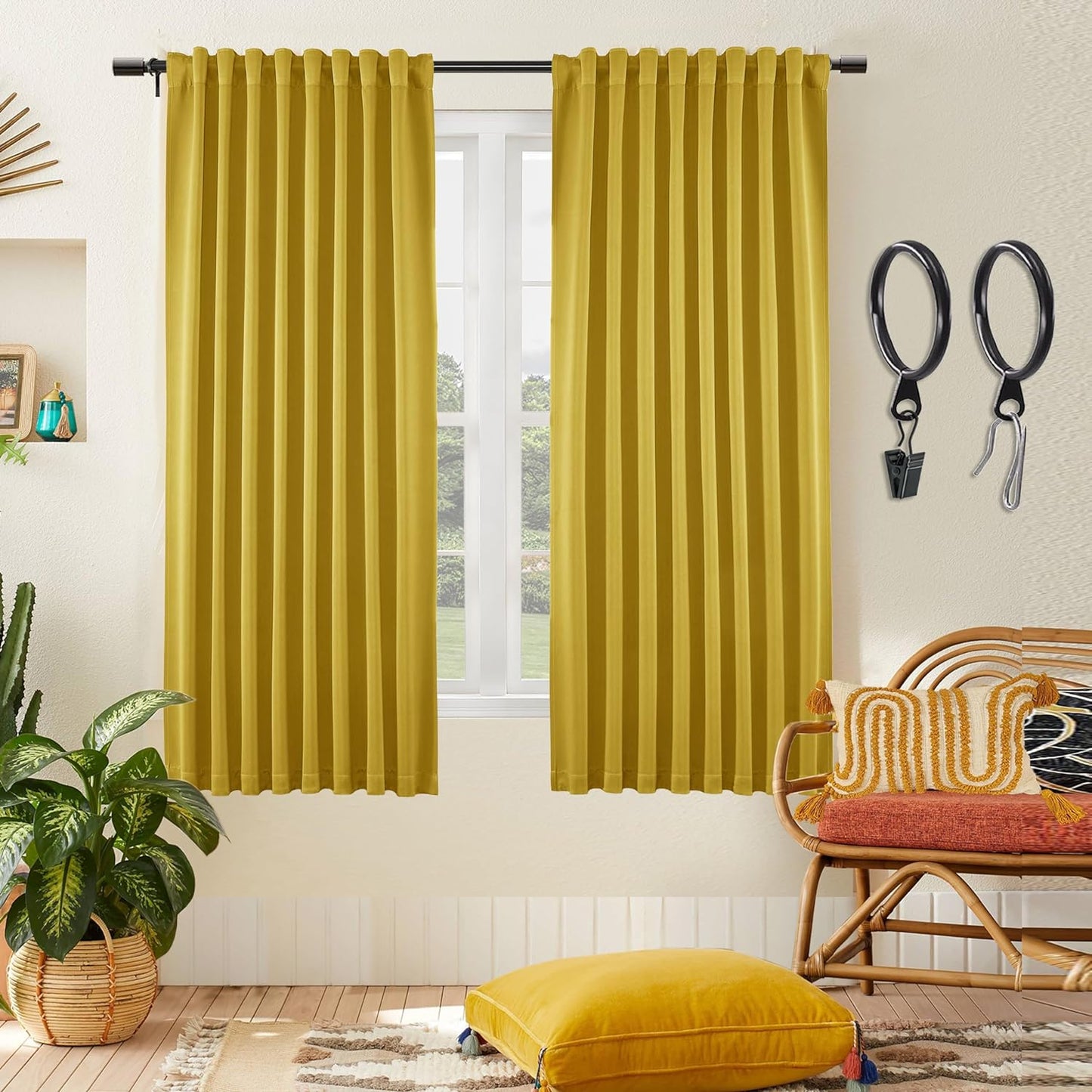 SHINELAND Beige Room Darkening Curtains 105 Inches Long for Living Room Bedroom,Cortinas Para Cuarto Bloqueador De Luz,Thermal Insulated Back Tab Pleat Blackout Curtains for Sunroom Patio Door Indoor  SHINELAND Mustard Yellow 2X(52"Wx63"L) 